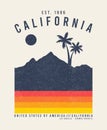 California t-shirt design with palm trees and mountains. Typography graphics for tee shirt with grunge. Vintage apparel print. Royalty Free Stock Photo